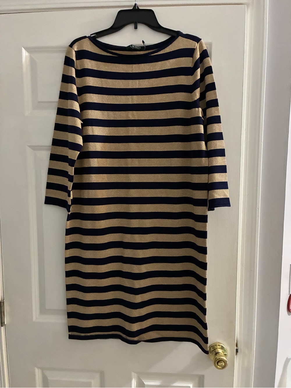 Lauren Ralph Lauren Navy and Tan Striped Long-Sleeve Knit Sheath Dress